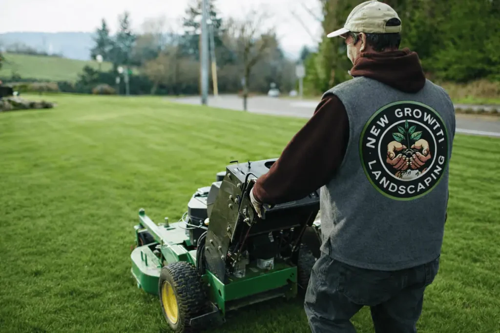 New Growth Landscaping LLC crew member providing weekly lawn mowing service in Middle Tennessee with professional equipment