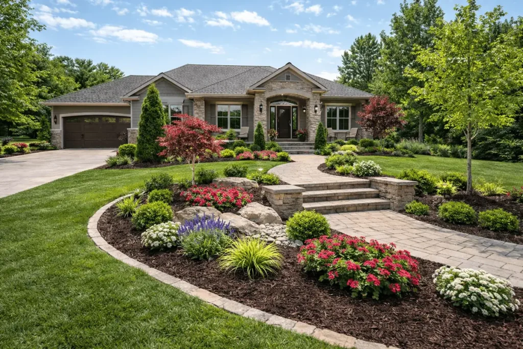 Custom residential landscape design with stone walkway, flower beds, and manicured lawn in Middle Tennessee
