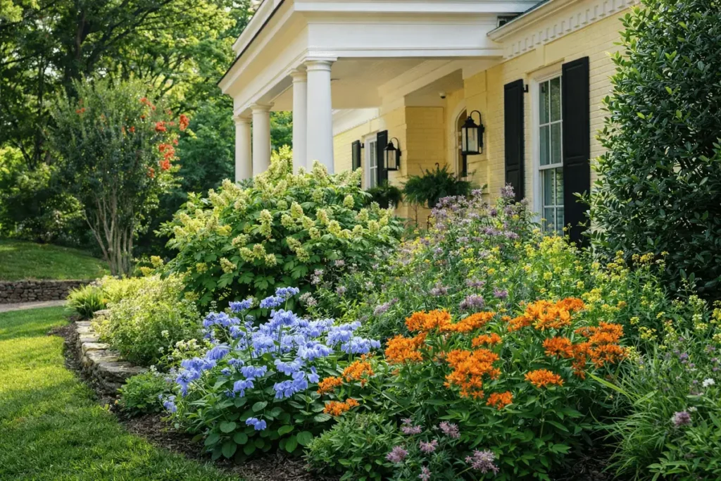 Custom landscape design featuring native flowers, layered planting beds, and manicured lawn at Tennessee home