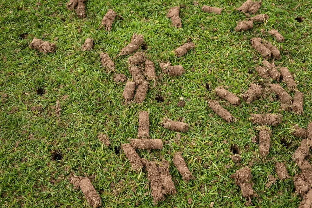Close-up of lawn after core aeration with soil plugs scattered across grass in Middle Tennessee