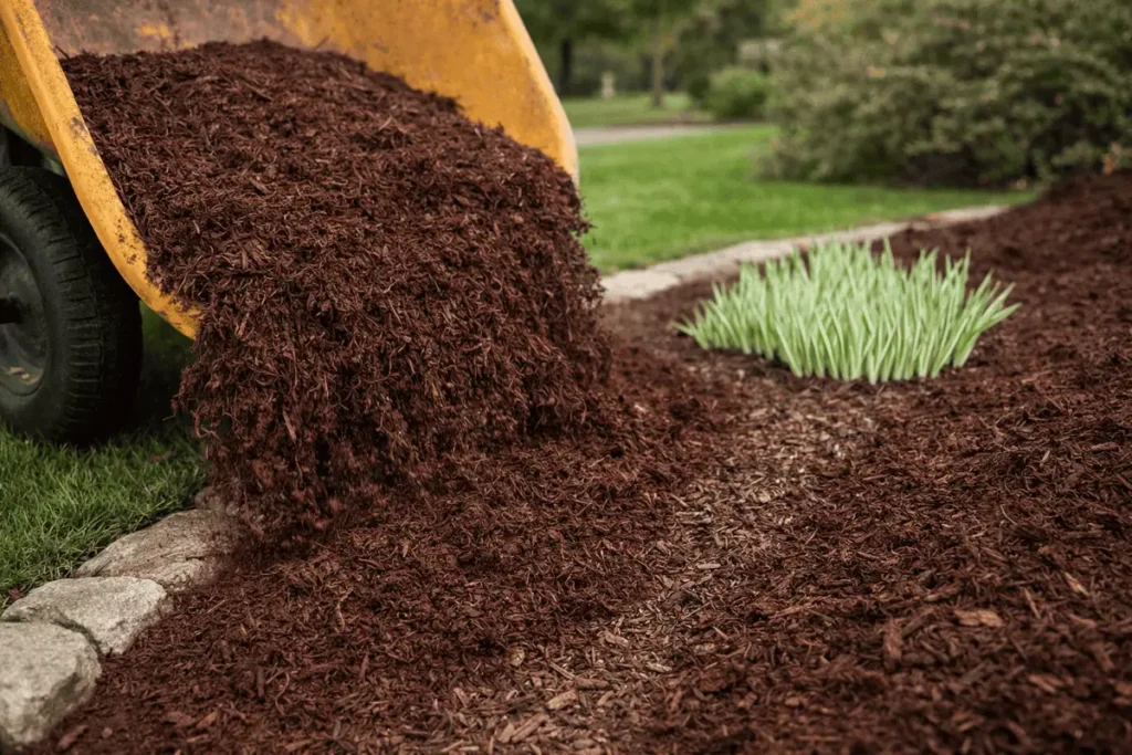 Fresh brown mulch being installed in landscape bed with clean edging in Middle Tennessee