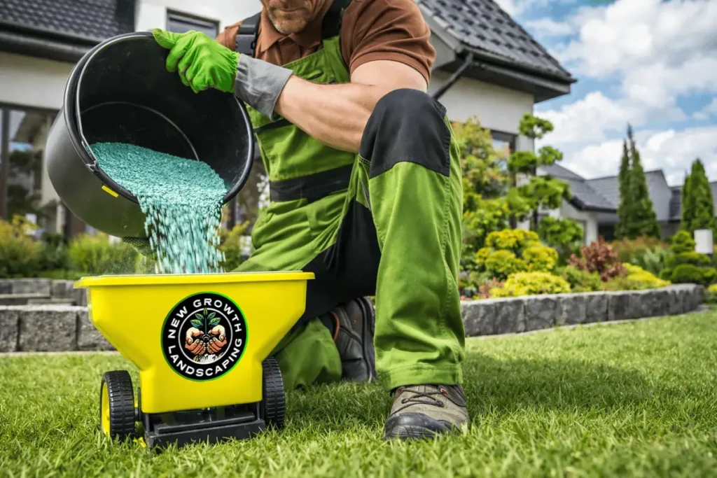 New Growth Landscaping LLC technician applying granular lawn fertilizer with spreader on residential property in Middle Tennessee