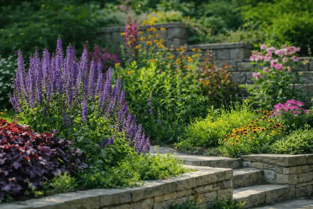 Colorful seasonal flower beds with layered plantings and stone retaining walls in Middle Tennessee landscape