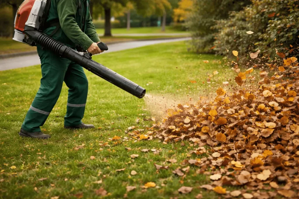Landscaping professional using a backpack leaf blower to clear fallen leaves from residential lawn in Middle Tennessee