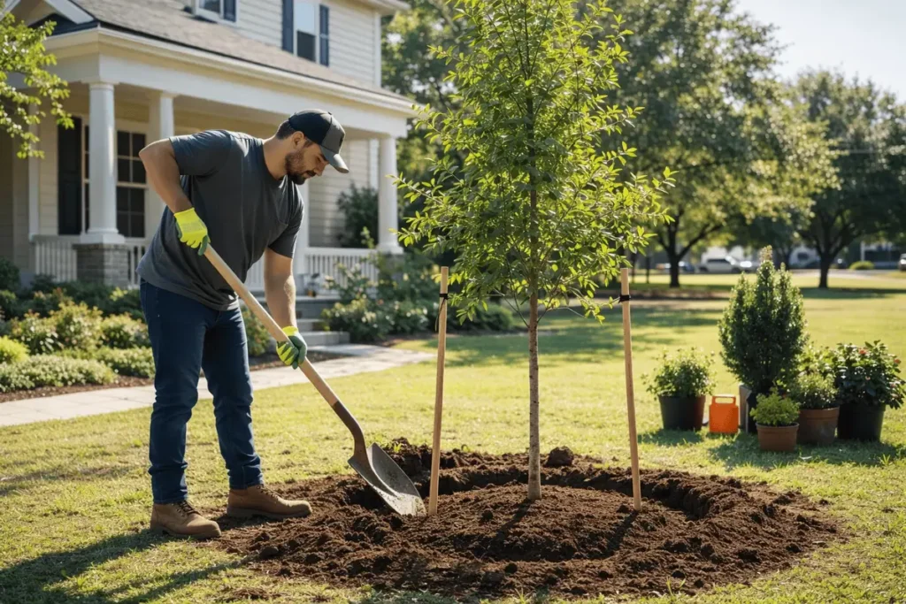 Professional landscaper planting a young tree in residential yard in Middle Tennessee