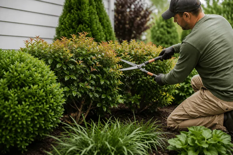 Professional shrub and perennial pruning service in Tennessee with neatly trimmed hedges and maintained landscape beds at a residential property.