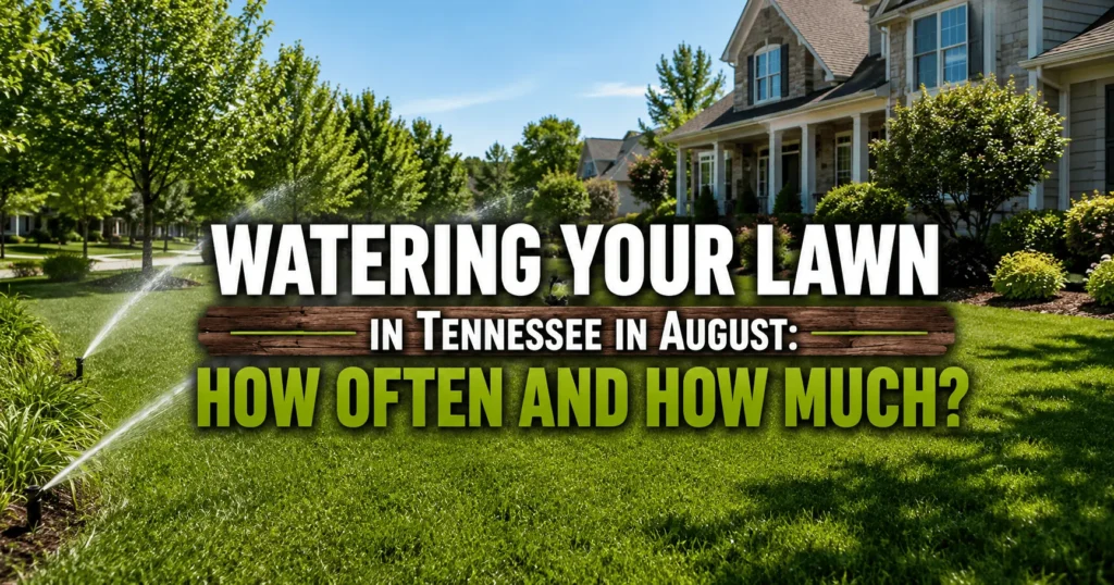 Sprinklers watering a green Tennessee lawn in August during hot summer weather.
