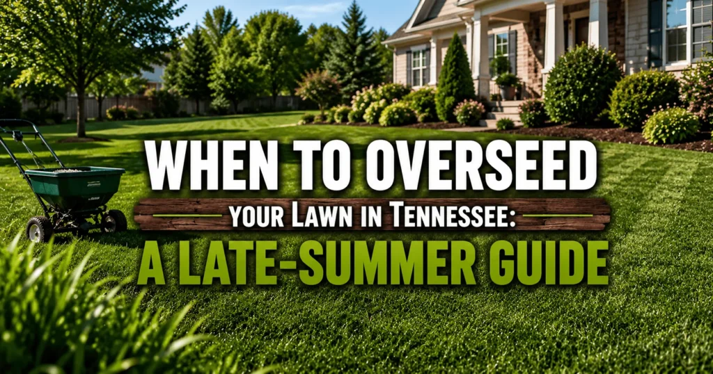 Lawn overseeding in Tennessee during late summer with a seed spreader on a healthy residential lawn.