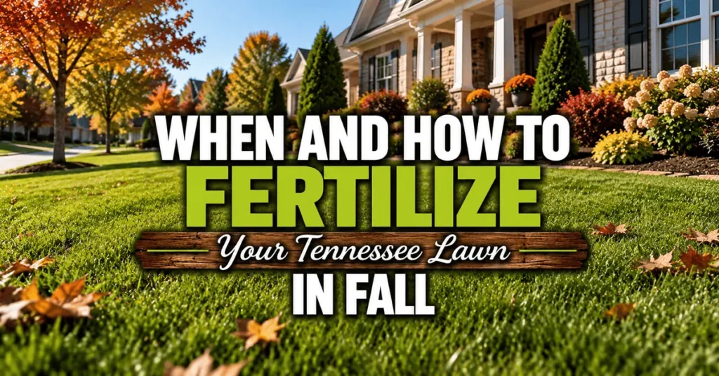 Healthy green Tennessee lawn in fall with autumn leaves and a landscaped suburban home.