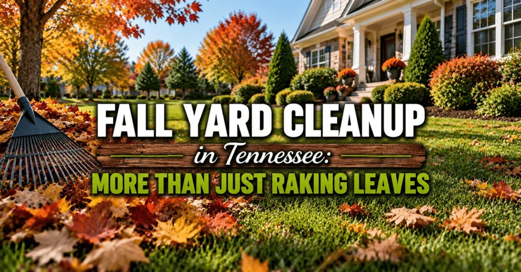 Fall yard cleanup in Tennessee featuring autumn leaves, a rake, and a landscaped suburban lawn.