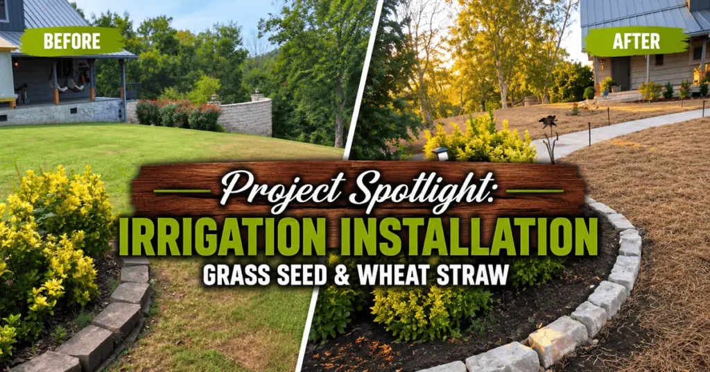 Before and after comparison of an irrigation installation project with grass seeding and wheat straw application in Thompson’s Station, TN.